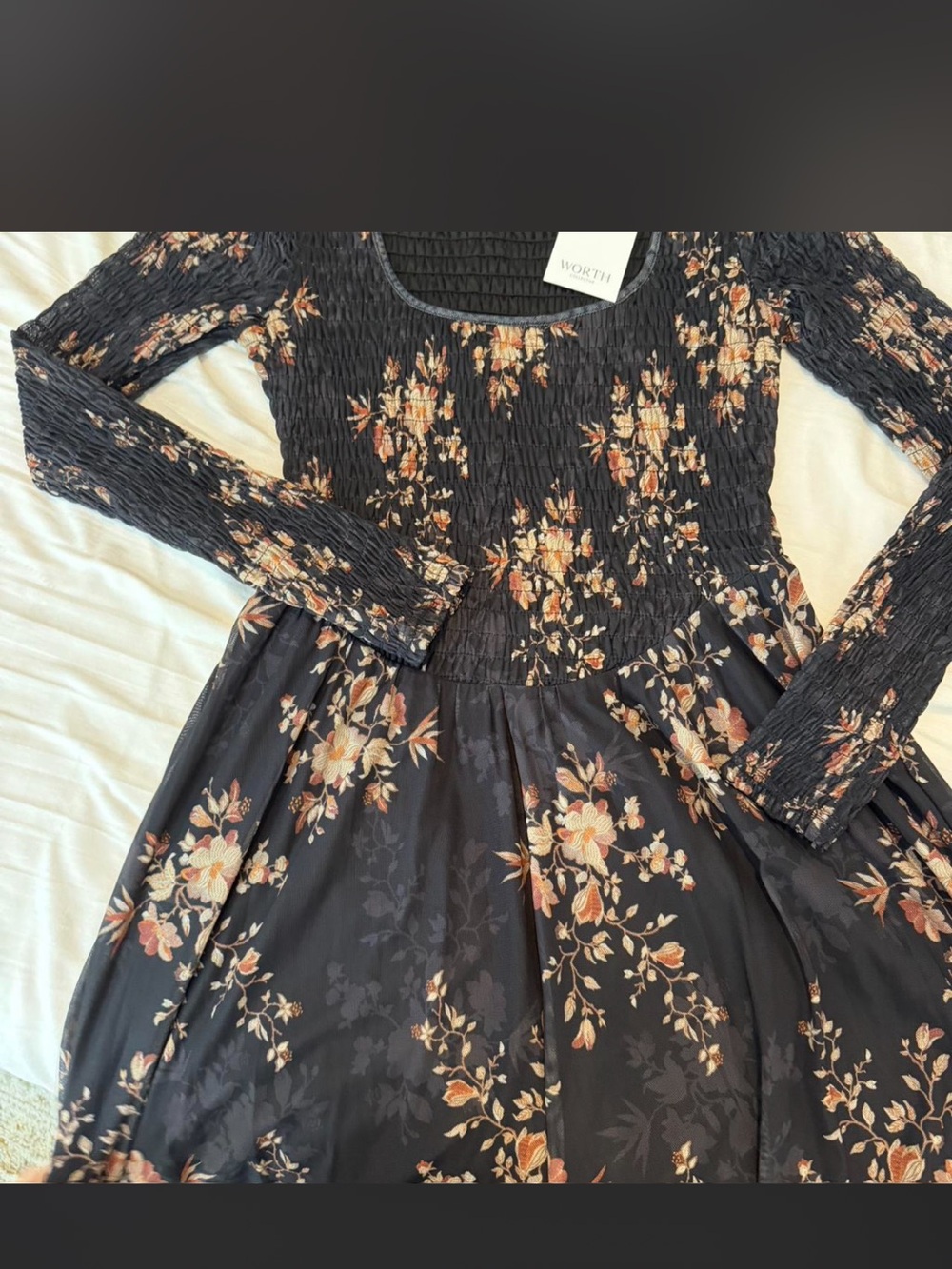 Worth Black Floral Smocked Waist Long Sleeve Dress